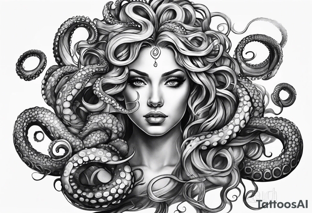 Medusa tattoo with a beautiful face only showing from the nose up. Octopus tentacles for hair tattoo idea