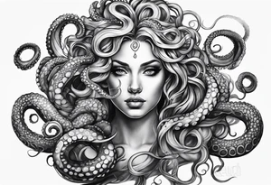 Medusa tattoo with a beautiful face only showing from the nose up. Octopus tentacles for hair tattoo idea