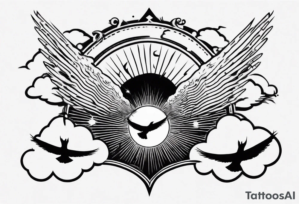 a shoulder tattoo with rays of light, clouds and birds flying free tattoo idea