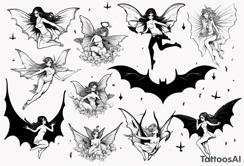 fairy flying over bat tattoo idea