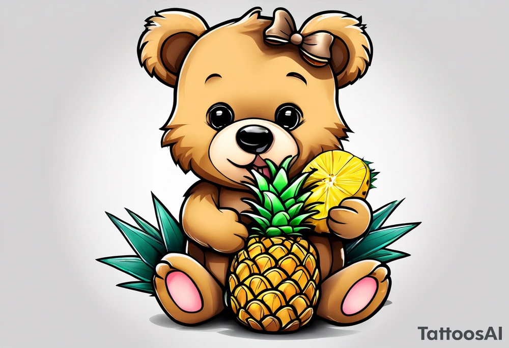 Teddy Bear biting pineapples tattoo idea