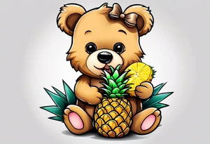 Teddy Bear biting pineapples tattoo idea
