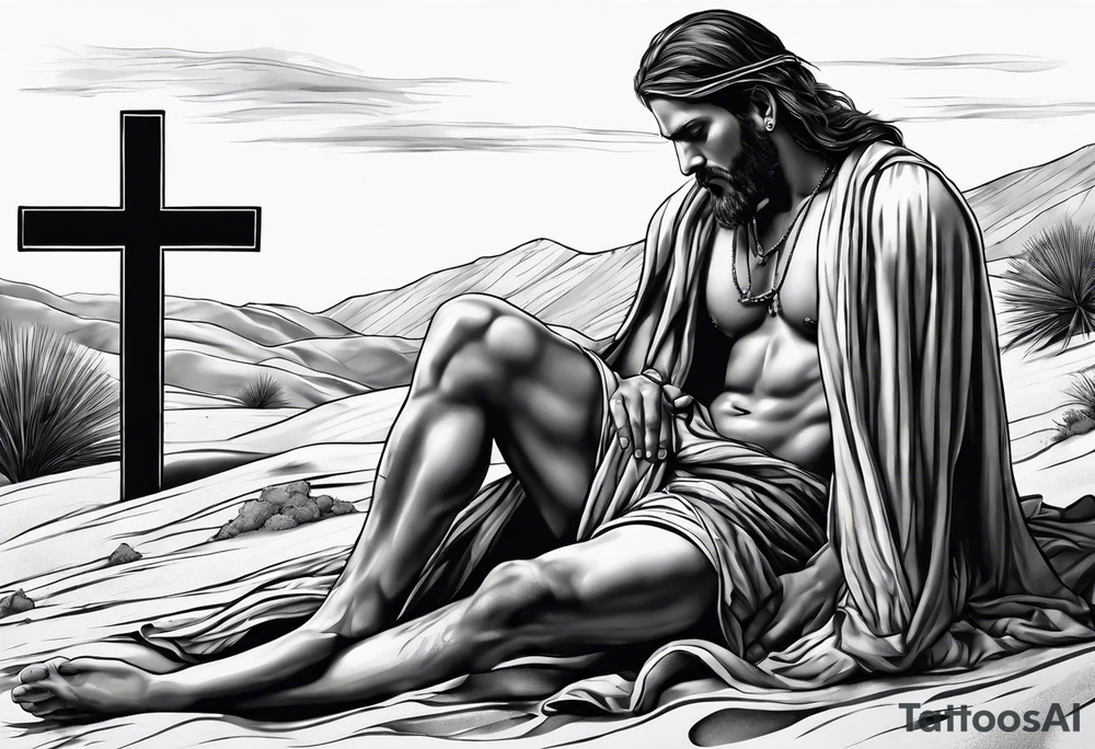 man crawling in a desert reaching to the cross of Christ tattoo idea