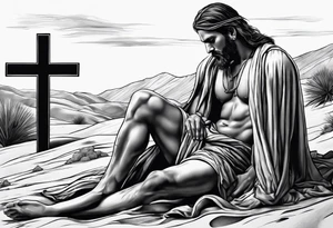 man crawling in a desert reaching to the cross of Christ tattoo idea