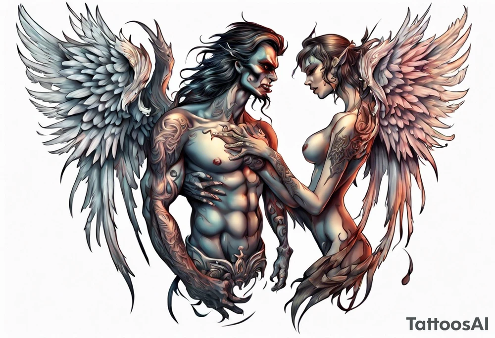 Demon and angel holding each other. He has angel wings, she has demon wings. tattoo idea