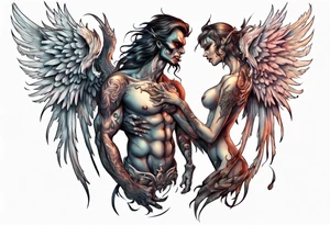 Demon and angel holding each other. He has angel wings, she has demon wings. tattoo idea