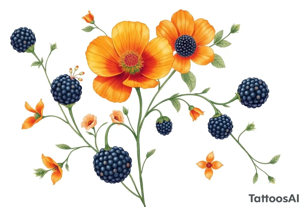 California wildflowers, poppies, and orange fruit and orange blossoms. Blackberries plant/flower. tattoo idea