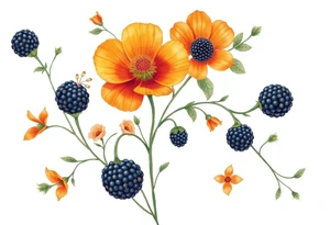 California wildflowers, poppies, and orange fruit and orange blossoms. Blackberries plant/flower. tattoo idea