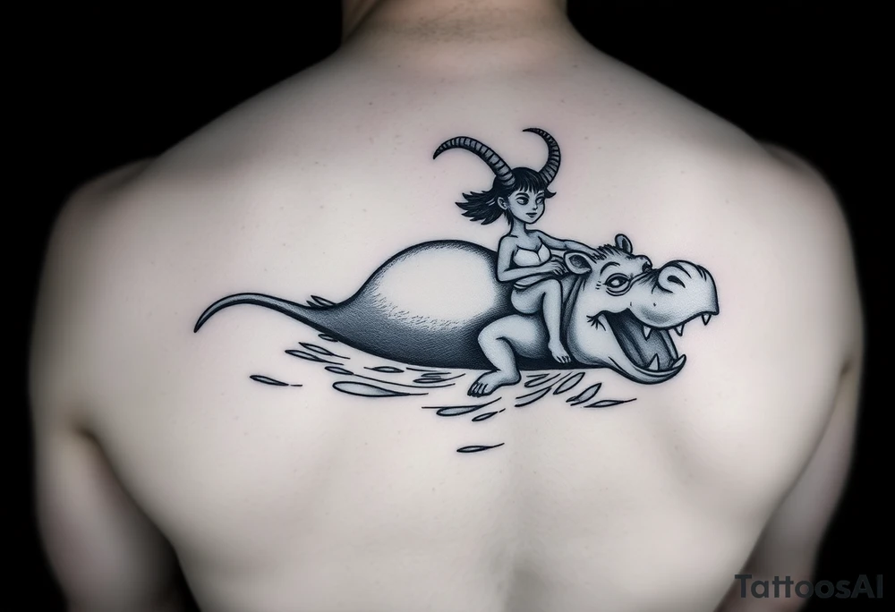 2 miniature people who are majestically floating down a river on a giant leaf as a angry hippopotamus with goat horns chasing them tattoo idea