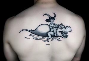 2 miniature people who are majestically floating down a river on a giant leaf as a angry hippopotamus with goat horns chasing them tattoo idea