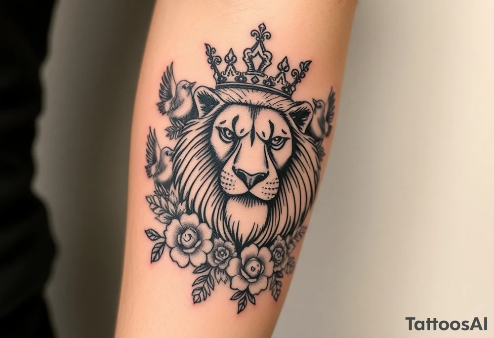 powerful majestic lion with a crown, surrounded by floral ornaments and birds tattoo idea