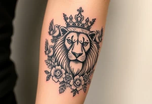 powerful majestic lion with a crown, surrounded by floral ornaments and birds tattoo idea