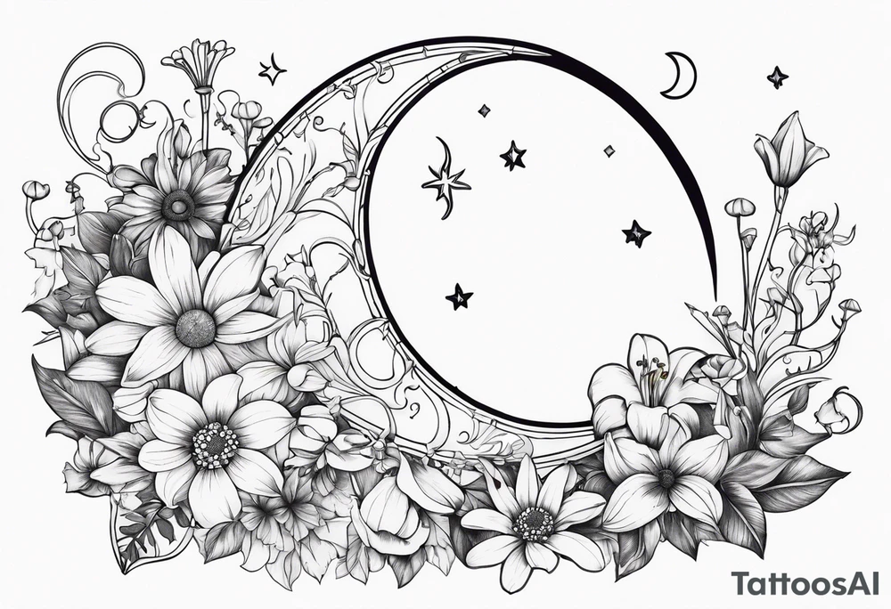 Crescent moon with daisy's, lily’s, crystals, and mushrooms tattoo idea