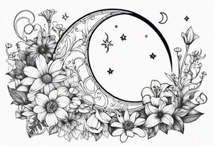 Crescent moon with daisy's, lily’s, crystals, and mushrooms tattoo idea