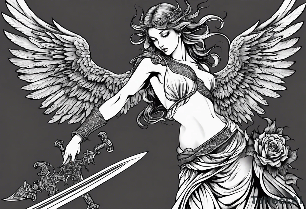 Angel with long sword atop a demon slain in fine line style tattoo idea