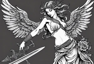 Angel with long sword atop a demon slain in fine line style tattoo idea