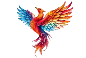 Phoenix rising with nonbinary flag colors blended in watercolor style, transparent background. tattoo idea