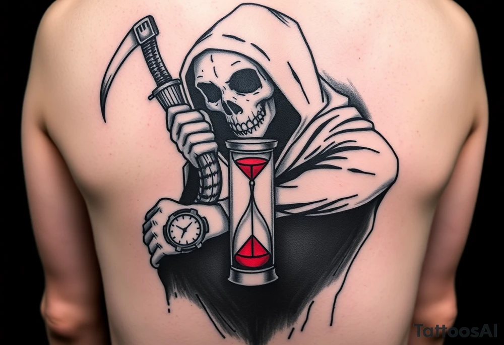 Simple grim reaper looking at a watch on his wrist with a hourglass with red sand and diamond geometric shapes for the thigh tattoo idea