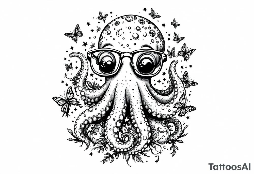 cute octopus, wearing glasses, friendly, surrounded by butterflies and oceanic items, trippy, acid tattoo idea