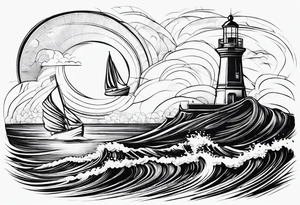 phare maritime dans un bateau entouré de voiles. tattoo idea