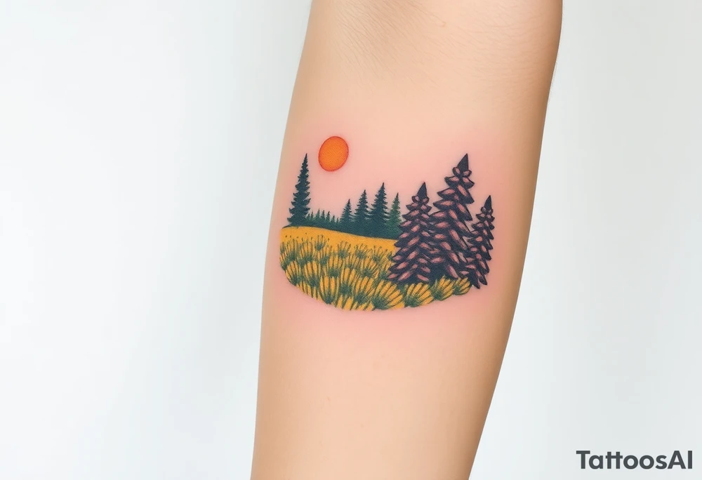 A golden wheat field, beer hop cones and coniferous forest tattoo idea