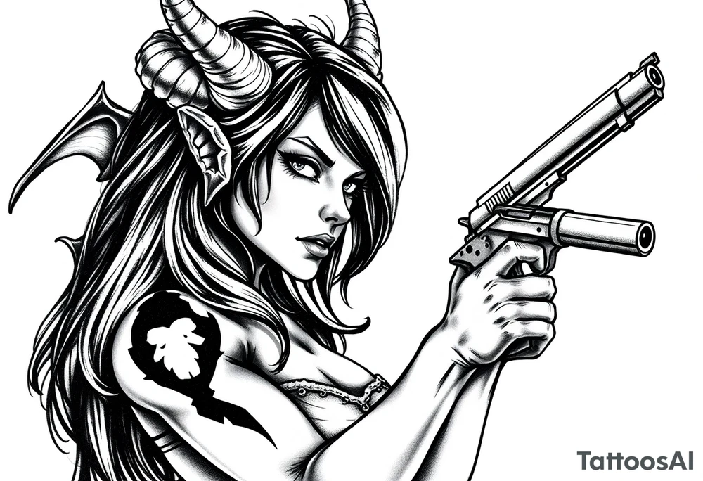 demon girl holding gun tattoo idea