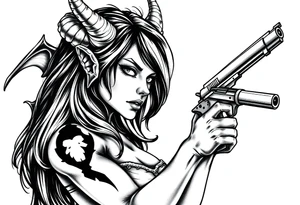 demon girl holding gun tattoo idea