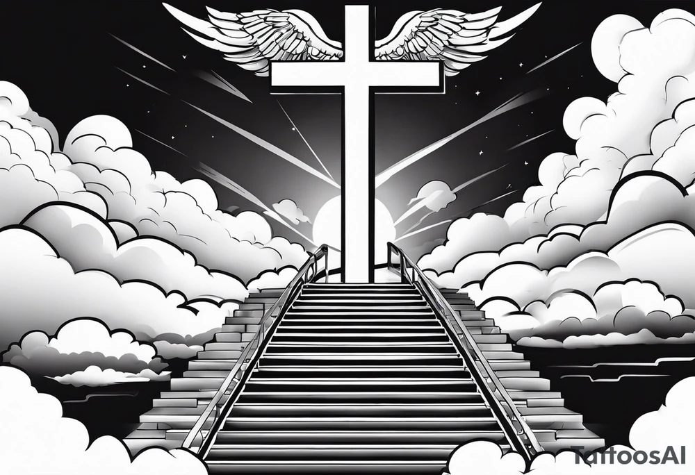 A heavenly stairway to heaven with clouds with a cross with a cross necklace with biblical verses tattoo idea