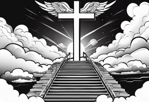 A heavenly stairway to heaven with clouds with a cross with a cross necklace with biblical verses tattoo idea