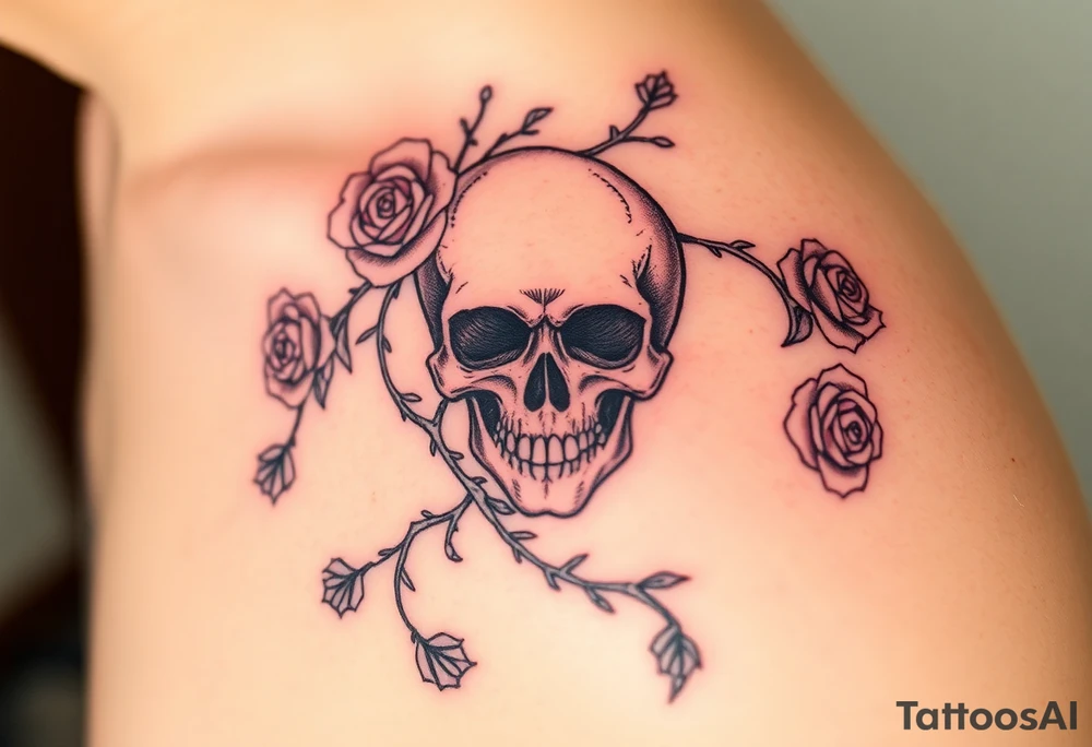 gothic skull intertwined with climbing roses and thorny vines tattoo idea