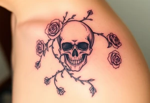 gothic skull intertwined with climbing roses and thorny vines tattoo idea