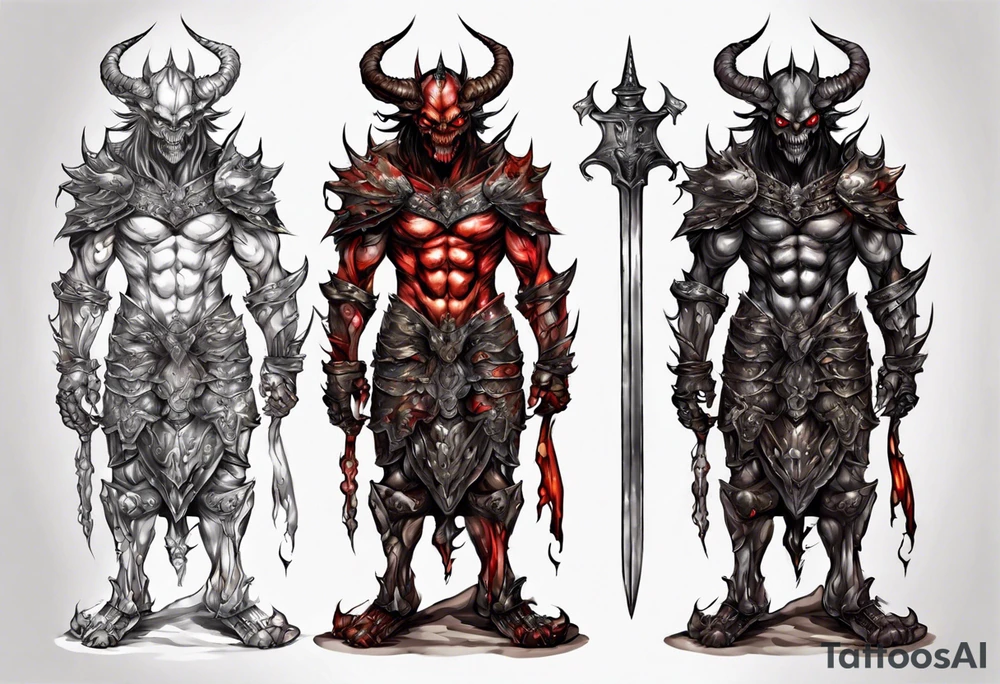 Demon in tiered plate armor tattoo idea