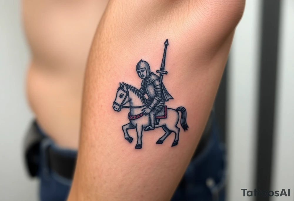 2d medieval woodcut knight on a childs hobby horse toy tattoo idea