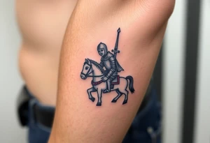 2d medieval woodcut knight on a childs hobby horse toy tattoo idea