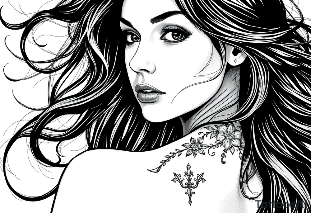 Create a captivating black and white illustration featuring a woman with flowing hair, inspired by the style of Martine Johanna. Incorporate detailed engraving elements reminiscent of Joe Madureira and John Larriva's work, adding a touch of intricacy and depth to the artwork. Infuse influences from Chicano art to bring a unique cultural flair to the composition.

Focus on depicting the woman with realistic yet romantic features, emphasizing her graceful posture and the movement of her flowing tattoo idea