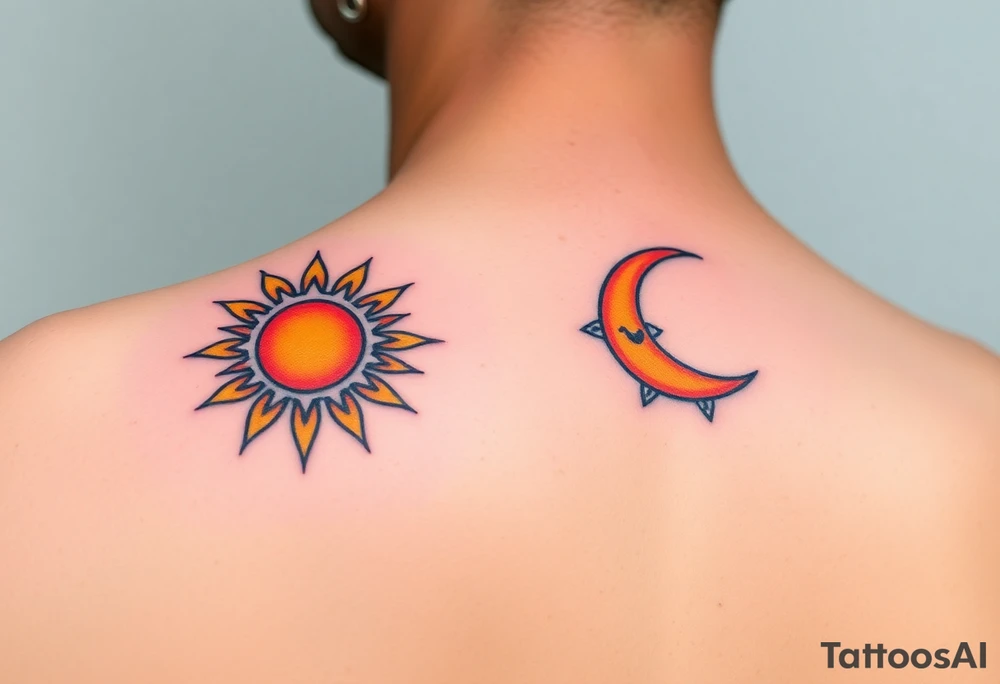 Matching sun and moon tattoos one for father and one for kid in warm orange and cool blue signify balance and harmony between father and kids. tattoo idea