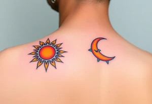 Matching sun and moon tattoos one for father and one for kid in warm orange and cool blue signify balance and harmony between father and kids. tattoo idea