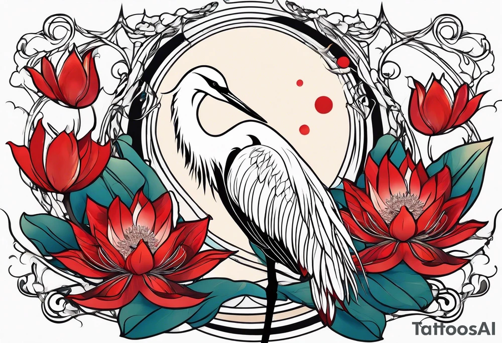 Egret and red lotuses tattoo idea
