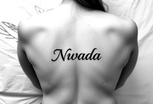 a woman's waist with the word "Nwada" written on her waist make her sit on the bed tattoo idea