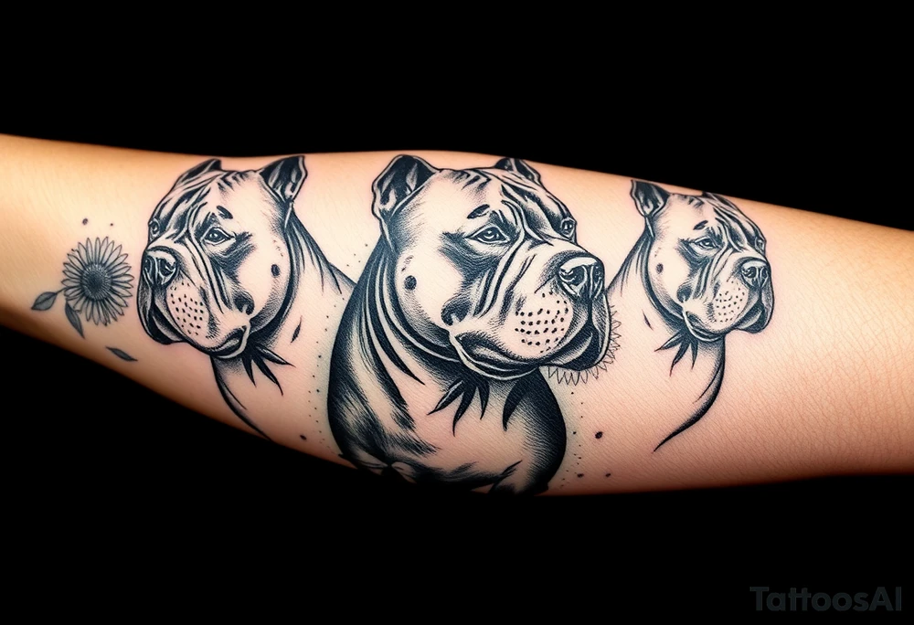 Multiple very thick muscled up pitbulls' portraits fading into the background as filler incorporate sunflowers, an old road made from pavers tattoo idea