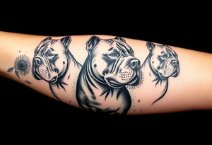 Multiple very thick muscled up pitbulls' portraits fading into the background as filler incorporate sunflowers, an old road made from pavers tattoo idea