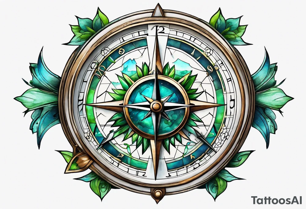 half compass half clock with arrow and watercolor blue and green to symbolize water and earth tattoo idea