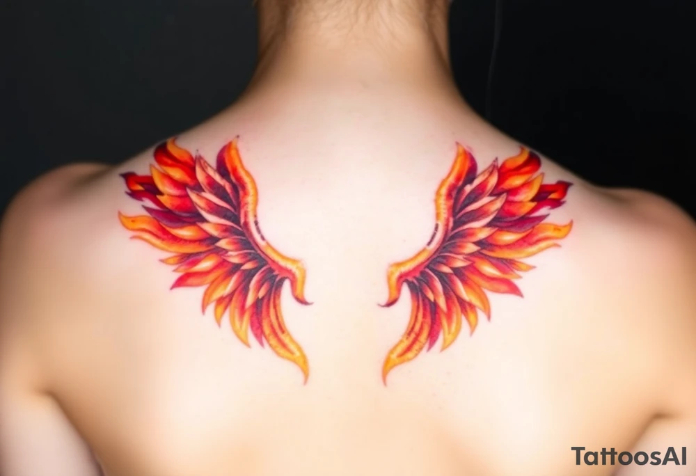A pair of wings made from fire flames, transitioning from deep red at the base to golden yellow at the tips, symbolizing strength and courage. tattoo idea