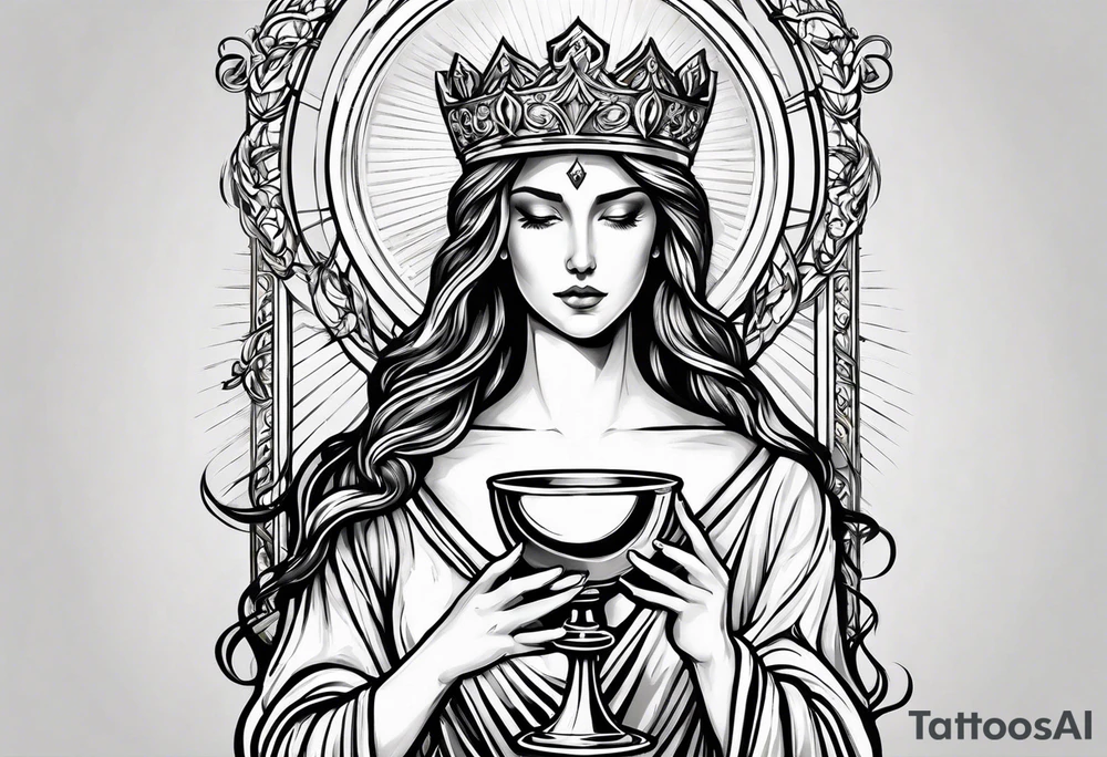 holy saint woman turned away with golden halo holding a chalice tattoo idea