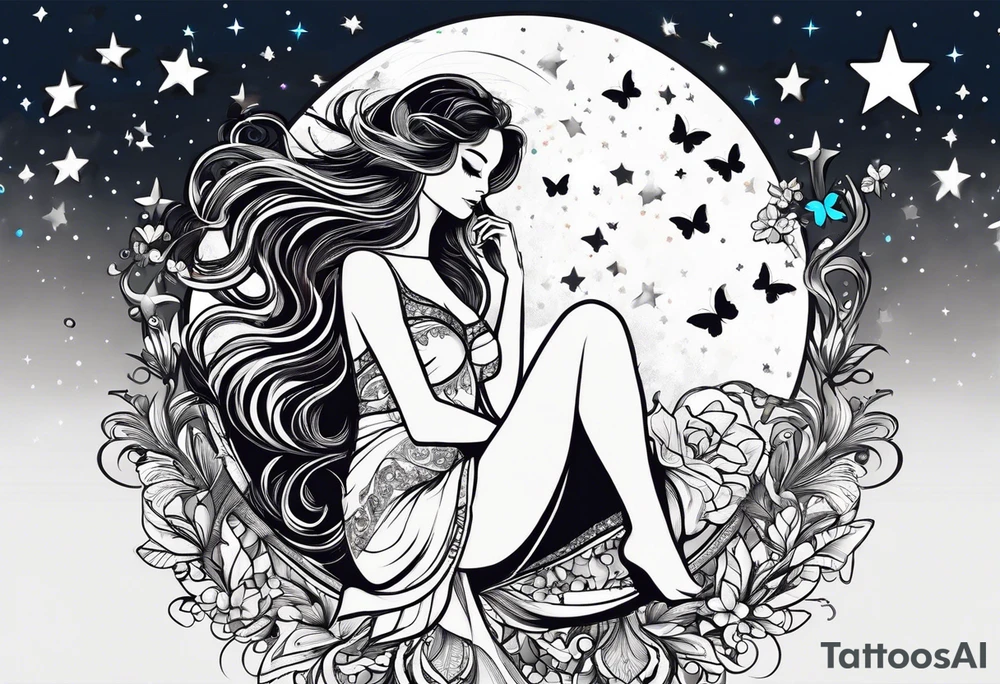 Beautiful woman with butterflies in her long wavy hair sitting on a half moon, with a moon and star background tattoo idea