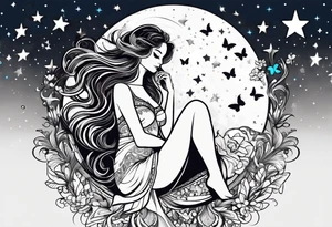 Beautiful woman with butterflies in her long wavy hair sitting on a half moon, with a moon and star background tattoo idea
