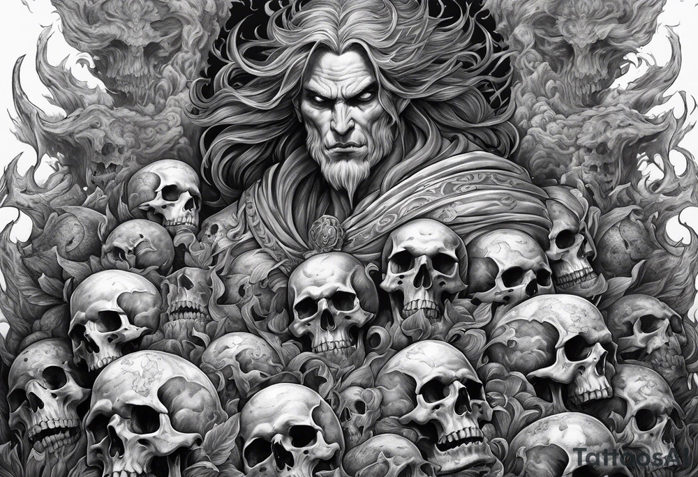 Hades in hell surrounded by skulls and fire tattoo idea
