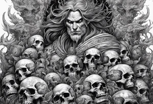 Hades in hell surrounded by skulls and fire tattoo idea
