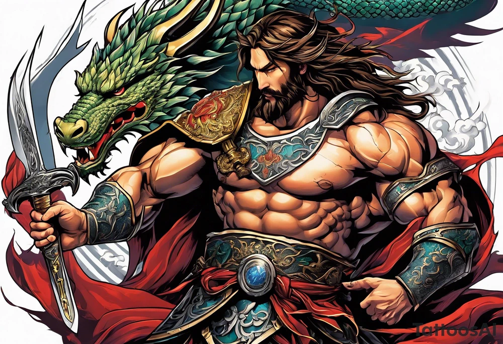 Almighty powerful Jesus in his indestructible armor and using his sword to cutting off the dragon head tattoo idea