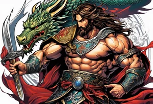 Almighty powerful Jesus in his indestructible armor and using his sword to cutting off the dragon head tattoo idea